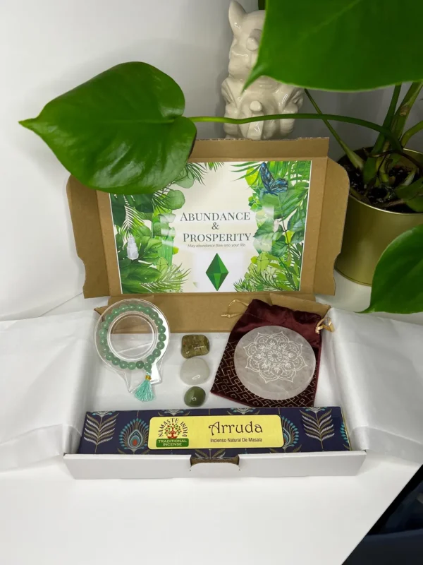 Abundance & Prosperity Kit with Green Aventurine Bracelet, Selenite Plate, Agate Tumblestones, and Arruda Incense for attracting wealth and success.