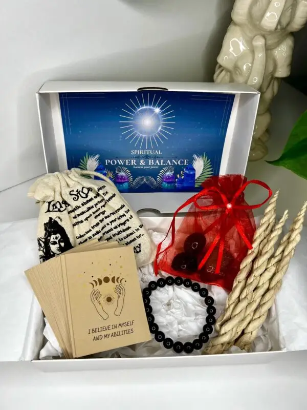 Spiritual Power & Balance Box with Amethyst Bracelet, Agate Gemstones, Lingam Stones, Affirmation Cards, and Tibetan Incense for peace and alignment.