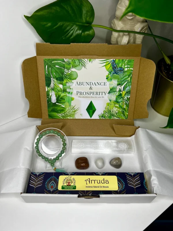 Abundance & Prosperity Kit with Green Aventurine Bracelet, Selenite Plate, Agate Tumblestones, and Arruda Incense for attracting wealth and success.