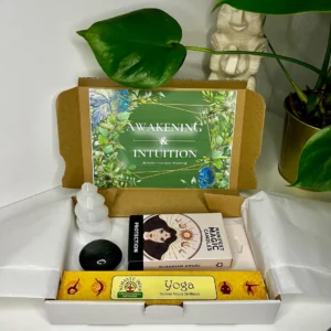 Awakening & Intuition Kit featuring Labradorite gemstone, Selenite Tower, yoga incense, and Protection Manifest Magic Candles for spiritual growth.