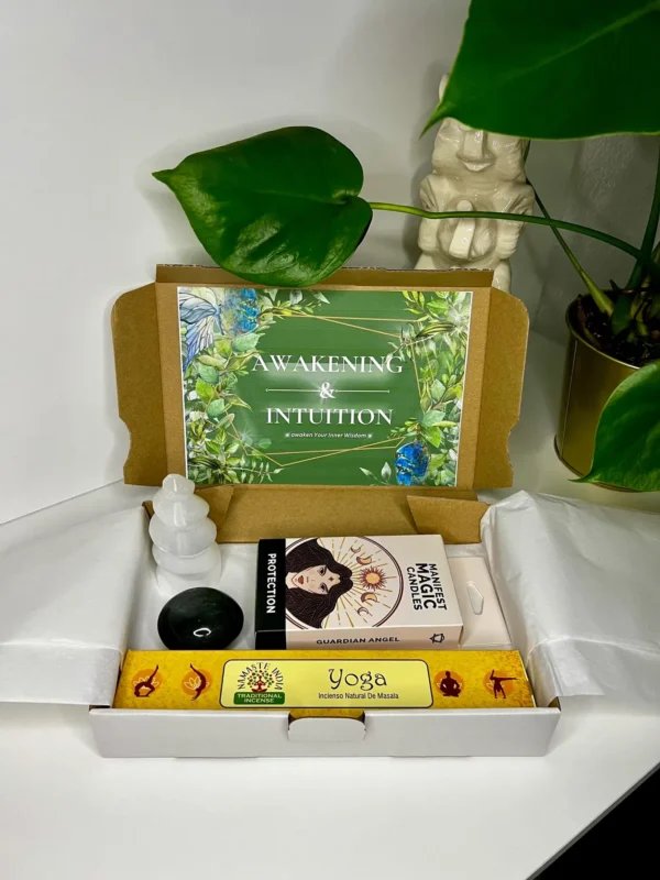 Awakening & Intuition Kit featuring Labradorite gemstone, Selenite Tower, yoga incense, and Protection Manifest Magic Candles for spiritual growth.