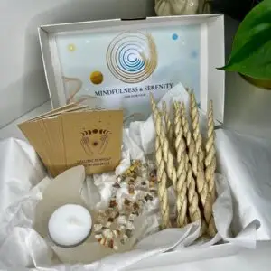 Mindfulness & Serenity Box featuring Moonstone Necklace, Selenite Tea Light Holder, Tibetan Rope Incense, and Affirmation Cards for calm and balance.