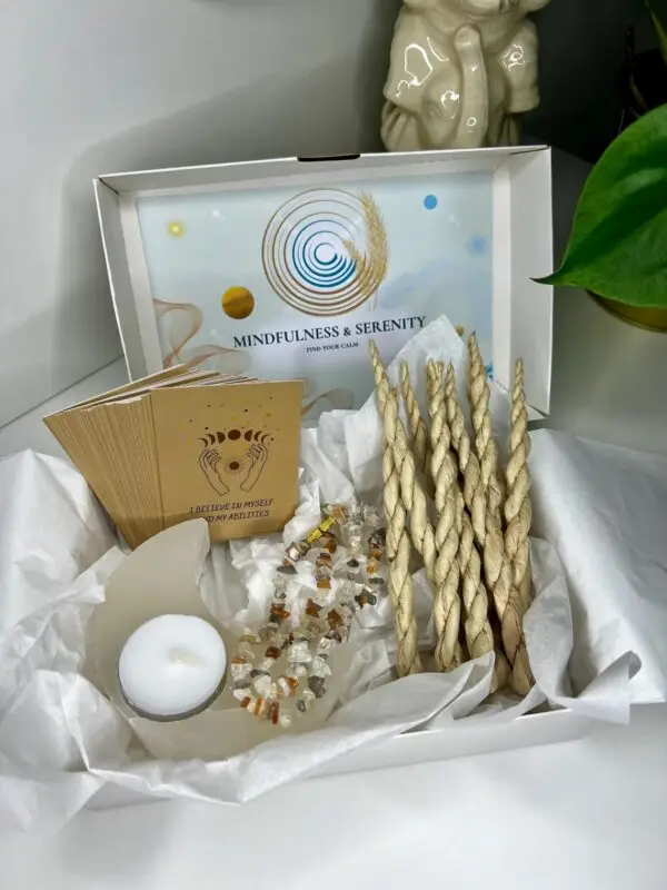 Mindfulness & Serenity Box featuring Moonstone Necklace, Selenite Tea Light Holder, Tibetan Rope Incense, and Affirmation Cards for calm and balance.