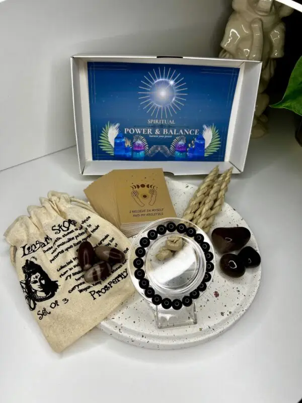 Spiritual Power & Balance Box with Amethyst Bracelet, Agate Gemstones, Lingam Stones, Affirmation Cards, and Tibetan Incense for peace and alignment.